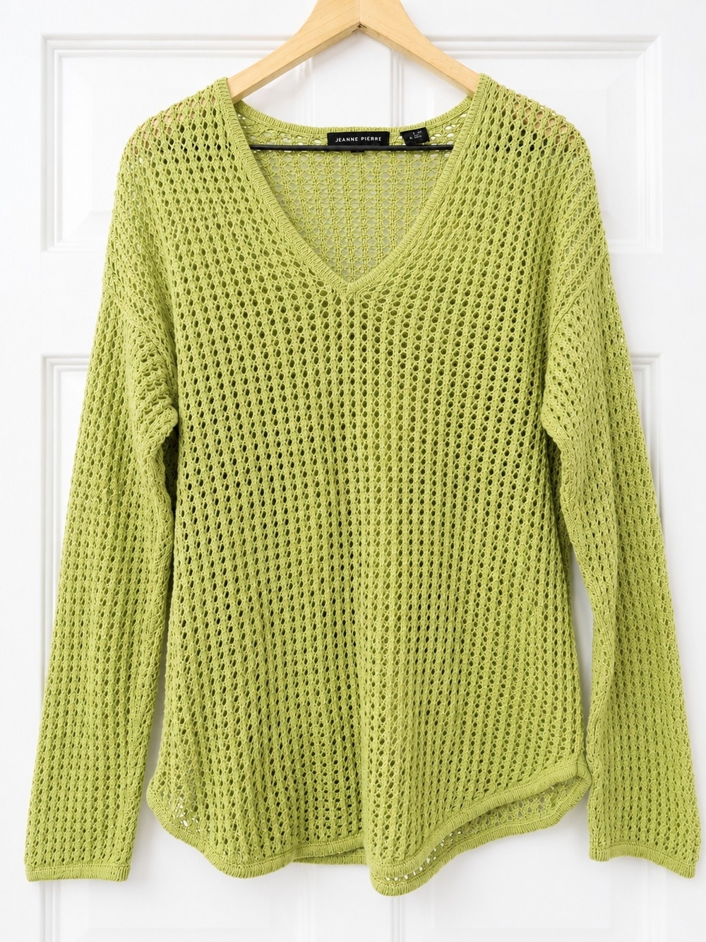 JEANNE PIERRE Lime Green Open-Knit V-Neck Sweater